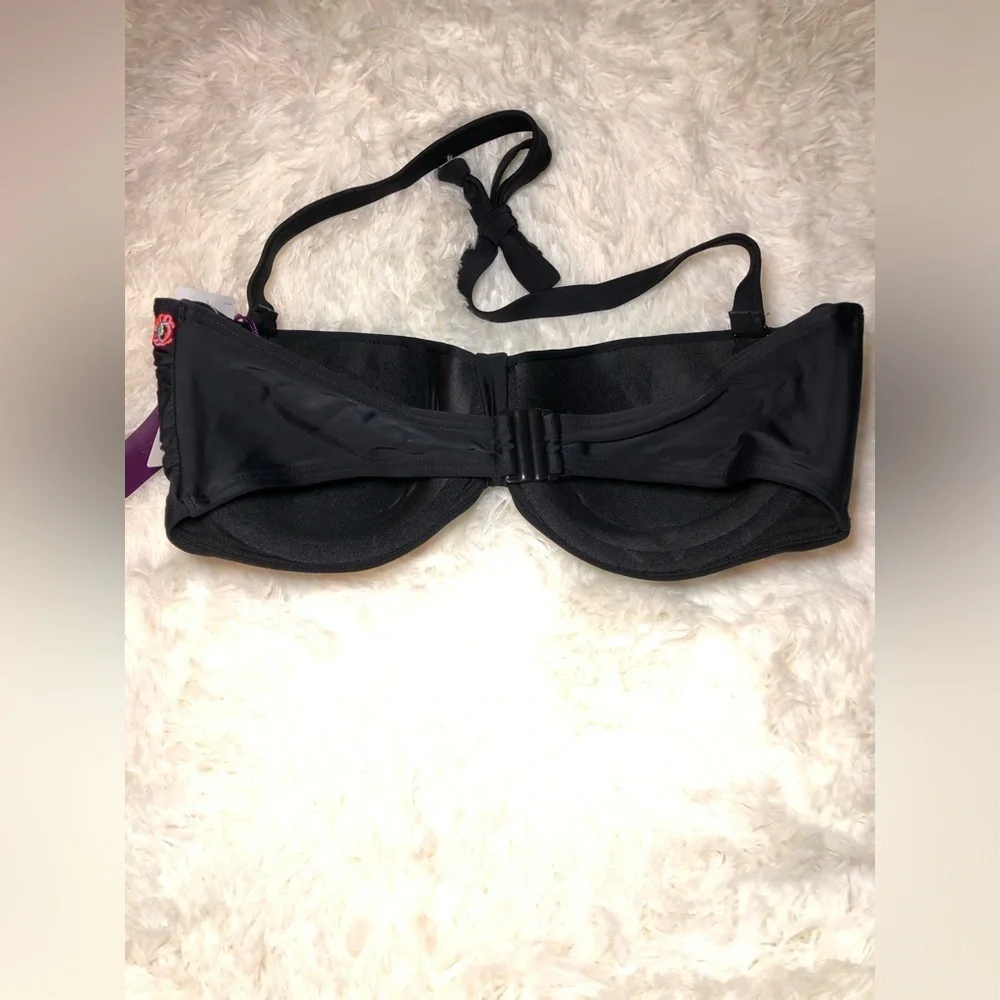 Black Floral Trim Balconette Bikini Top with Underwire